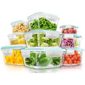 KICHLY Lot de 18 r&eacute;cipients alimentaires en verre (9+9) &ndash; Bo&icirc;tes herm&eacute;tiques verrouillables au pressing &ndash; Passent lave-vaisselle four (Utopia Brands, neuf)