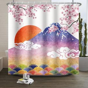Xiaoterna Rideau de Douche Peinture Japonaise Traditionnelle Rideau de Salle de Bain Fleurs de Cerisier japonaises Aquarelle Printemps Montagne Rideau de Douche Nuage Soleil Bourgogne 150x180cm (Xiaoterna Store, neuf)