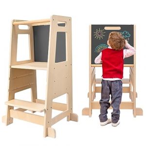 Hlieeosfcn Tour d'apprentissage Enfant,Tour d'observation Montessori,Tour Apprentissage Observation avec Un Tableau,3 Hauteurs Réglables, Surface Anti-Dérapante, Kitchen Helper (YONCHAZH, neuf)