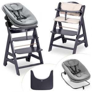 hauck Chaise Haute B&eacute;b&eacute; Evolutive en Bois Beta+ Newborn Set Highchair Bouncer 3en1 &ndash; d&egrave;s la Naissance avec Transat Bebe, Coussin Assise et Plateau Repas &ndash; Gris Fonc&eacute; (babyartikel-de, neuf)