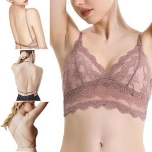XFSRG Soutien Gorge Dos Nu Push Up Dentelle sans Armature Bretelles Réglables Décolleté en V Profond Bralette Convertible pour Robe de Mariée et Tenue de Soirée (Rose-L) (DAA HIGH BIZZ, neuf)