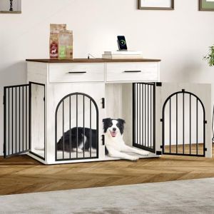 Hzuaneri Cage pour Chien avec 2 Tiroirs de Rangement, 100 cm Meuble Cage pour Chien d'int&eacute;rieur avec Station de Charge, Caisse en Bois pour Chiens de Taille Moyenne/Grande, Blanc et Marron DFC87214B (Hzuaneri FR, neuf)