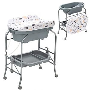 DREAMADE Table à Langer Bébé 4 en 1,Baignoire Bebe Pliable avec Support en Fer,4 Roues Universelles Verrouillables,Panier de Rangement,Commode à Langer Nourrisson 0-12 Mois,Charge 35 KG (Gris) (DREAMADE, neuf)