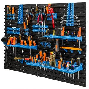 Étagere a Outils 117 x 78 cm, bacs a bec, boites de rangement, panneau murale, crochets a outils, Porte-Outils,en Plastique, bleu couleur, garage atelier, banc de travail (botle, neuf)