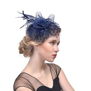 Élégante fleur plume perles maille corsage pince à cheveux fête mariage mariée maille cheveux accessoires coiffure chapeaux diadème chapeau, bleu marine (foshanjiningpingshangmaoyouxiangongsi, neuf)