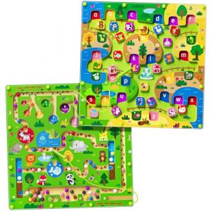 Labyrinthe magn&eacute;tique 2 en 1 pour Voiture - Tableau de comptage magn&eacute;tique Alphabet - Puzzle en Bois Double Face - Jouet pr&eacute;scolaire Montessori (Grand Zoo, Taille Unique) (HLCTOYS, neuf)