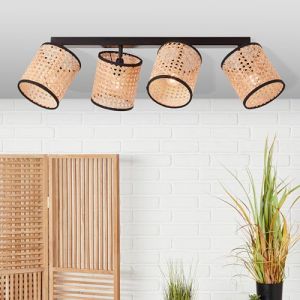 Lightbox spot de plafond à 4 flammes style nature - barre de spots avec têtes pivotantes - métal/rotin brun/noir (Lightbox-Shop, neuf)