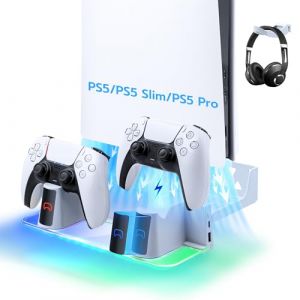 Mcbazel Support Mural PS5 Pro/PS5 Slim/PS5 Console avec Station de Charge Rapide Double Manette PS5 Lumière RVB pour Playstation 5/PS5 Slim Digital/Disc/PS5 Pro Console - Blanc (TransChased, neuf)