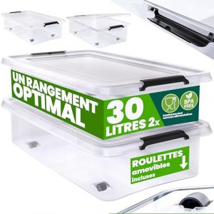 Deuba® 2X Boîte de Rangement 30L en Plastique Transparent empilable sans BPA Gain de Place Caisse de Rangement roulettes (DEUBA-FR, neuf)