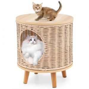 GOPLUS Niche Chat, Bac &agrave; Liti&egrave;re avec Cadre en Rotin, Pieds en Bois d'H&eacute;v&eacute;a, Plateau en MDF, Maison Chat avec Coussin Amovible, Peu Encombrant Repose-Pieds Confortable pour Chambre &agrave; Coucher Salon (Augenstern24, neuf)