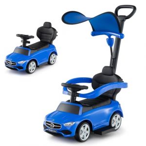 COSTWAY 3 en 1 Mercedes-Benz Porteur Enfant avec Volant & Klaxon & Son de Moteur, Voiture &agrave; Pousser Enfant avec Coffre sous Si&egrave;ge, Canopy R&eacute;glable, Charge 25kg pour Enfants de 18-36 Mois (Bleu) (FDS GmbH, neuf)