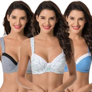 Curve Muse - Soutien-Gorge &agrave; Armatures Grande Taille pour Femmes, Non doubl&eacute;, Soutien-Gorge Balconnet en Coton avec - Paquet de 3-Blanc Imprim&eacute;, Bleu, Gris-120F (Curve Muse EU, neuf)