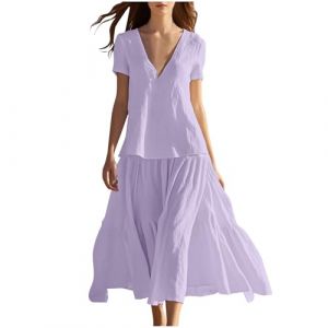 Femme Robe Boheme Chic Coton Lin Manches Longues/Manches Courtes Robe Col V Elegant Robes Swing D'éTé Plage DéContracté Maxi Robes Grande Taille Couleur Unie BohèMe Mi-Longue Dress (HAOLEI  FR, neuf)