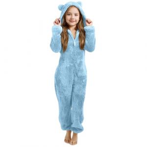 Combinaison Pyjama Enfant Fille Garçon 3-12 Ans Douce Pyjama Combinaison Surpyjama pour Enfants Grenouillère Hiver Chaude Doublée Polaire avec Capuche Oreilles de Chat Déguisement (Blue, 9-10 Years) (Beythetly, neuf)