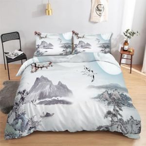 Housse de Couette 140x200 Japonais Paysage Parure de Lit 1 Personne Réversible pour Lit 90x190, Housse Couette Imprimée en Microfibre et 2 Taie d'oreiller 65x65 cm avec Fermeture Éclair (Gengl, neuf)
