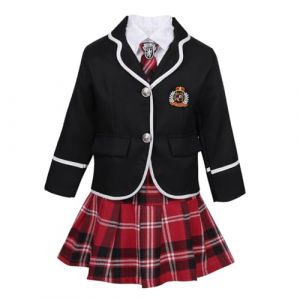 Yruioon Enfants Filles 4 Pi&egrave;ces Uniforme Scolaire &agrave; Manches Longues Blazer Veste avec Chemise Habill&eacute;e Mini Jupe &agrave; Carreaux Cravate Ensemble 4-14 Ans Noir 7-8 Ans (Yruioon, neuf)