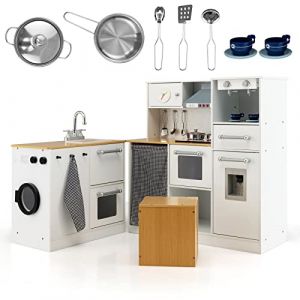 DREAMADE Cuisine Enfant de 3+ Ans, avec Micro-Ondes, Cuisinière, Téléphone, Cuisine en Bois avec 5 Accessoires, Équipé Sonore et Lumineuse (Blanc) (DREAMADE, neuf)