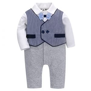 famuka Bébé garçon Barboteuse Vêtements Costume Manteau Gentleman en Coton de Baptême Noël Mariage (Beige, 3-6 mois) (FAMUKA HOME, neuf)