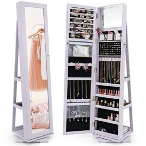 COSTWAY Armoire &agrave; Bijoux Pivotante &agrave; 360 Degr&eacute;s, Organisateur de Bijoux sur Pieds, avec Grand Miroir Psych&eacute; et Etag&egrave;re de Rangement &agrave; L'Arri&egrave;re (Violet) (FDS GmbH, neuf)