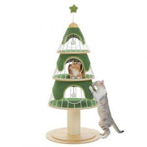 PAWZ Road Arbre &agrave; chat de No&euml;l, tour &agrave; chat multi-niveaux de 130 cm avec griffoir recouvert de sisal de 14 cm et 3 grands abris pour chats d'int&eacute;rieur, vert (Johnson SY, neuf)