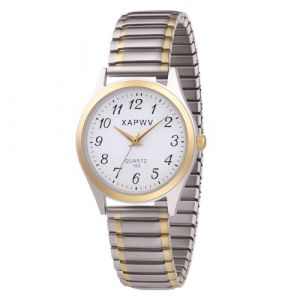 ALCENTIS Montre Femme Bracelet Elastique - Gros Chiffres Arabes Noirs Facile à Lire - Bracelet Acier Extensible Qui épouse naturellement Le Poignet (Bracelet Chrome et Or Rose) (Boutique Online France, neuf)