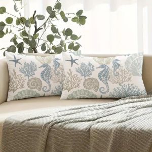 Miuyunya Exterieur Impermeable Housse Coussin Lot de 2 Océan Housse de Coussin en Polyester 30 x 50 cm Beige D'étoile de Mer Coquille Coussin Decoratif Canape pour Patio Jardin Ferme Printemps Été (Miuyunya, neuf)