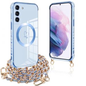 Pnakqil Coque Magn&eacute;tique pour Samsung Galaxy S21 Plus 5G Con Cordon, Compatible avec MagSafe, Silicone Housse avec Motif Coeur d'amour Collier Lanyard, pour Samsung S21+ 6.7 Pouces, Chaine-Bleu Or (UNA KADAMS, neuf)