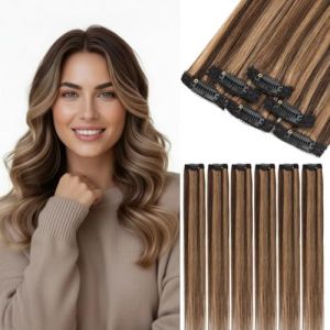 S-noilite Extensions &agrave; Clip en Cheveux Humains, 6Pcs 6 Clips 100% Vrais Extensions de Cheveux Clipser, 36g Extension de Cheveux &agrave; M&egrave;che Unique &agrave; Clips pour Femmes, 35CM Chatain Fonc&eacute;/Chatain Clair (EU Fancy Activestyle, neuf)