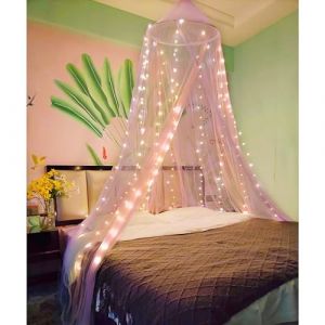 Eimilaly Ciel de lit Bicolore moustiquaire Rose Violet avec lumières Chaudes, Ciel de lit pour Fille décoration de Chambre, Porte Unique (Aimilaly, neuf)