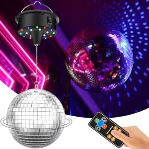 Boule à facettes avec moteur amélioré - Moteur rotatif amélioré - 5/8/10/15 tr/min - Boule miroir argentée de 15,2 cm - 4 lumières de couleur - 18 perles LED - Câble d'alimentation - Télécommande - (YCCOKJJ-FR, neuf)