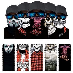 Freesom Lot de 5 Cache Cou Col Visage Couvre-Chef Modo Ete Tete de Mort Bandana Tube Homme Femme Cagoule Tour de Cou Elastique Respirant Anti-solaire Sport Velo Vintage Cadeau Pas Cher Noir (Cabrianne, neuf)