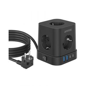 Prise Cube 9 en 1 avec USB C, Multiprise 5 Voies avec Interrupteur, Multiprise de Protection Contre Les Surtensions avec 4 USB, Bloc Prise de Distribution 2M pour la,aison(Noir) (ANVODE, neuf)