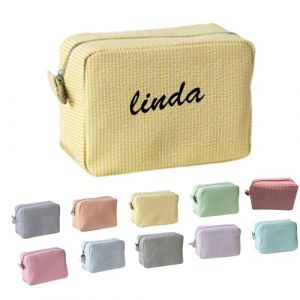 Trousse de Toilette Portable personnalis&eacute;e avec nom brod&eacute; en Velours c&ocirc;tel&eacute;, pour Articles de Toilette, Trousse de Maquillage pour Femme, Pochette de Maquillage zipp&eacute;e, (Jaune) (junhuikuy, neuf)