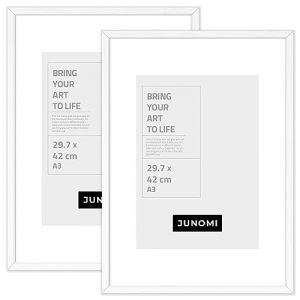 JUNOMI® 2 x Cadre photo DIN A3 bois blanc | Cadre photo 29,7 x 42 cm avec verre plexi incassable | Cadre photo bois (kizibi, neuf)