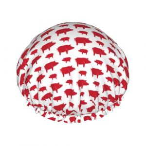 Bonnet de douche pour douche &ndash; Joli bonnet de douche double couche rouge de cochon de dessin anim&eacute;, r&eacute;utilisable, r&eacute;sistant &agrave; l'eau, grand bonnet de douche pour femme, bonnet de douche pour douche (YUEYING-US, neuf)