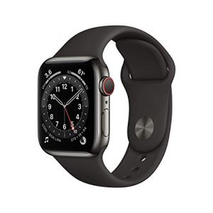 Apple Watch Series 6 (GPS + Cellulaire, 40MM) Boîtier en Acier Inoxydable Graphite avec Bracelet Sport Noir (Reconditionné) (GRADE MOBILE EU, neuf)
