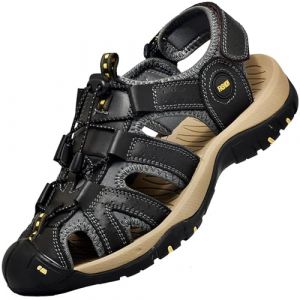 Lvptsh Sandales de Randonn&eacute;e Homme Cuir Et&eacute; Ext&eacute;rieur Sandales de Sport Trekking de Plage de Marche Antid&eacute;rapant,Black,EU46 (Cfei Trading Co., Ltd., neuf)