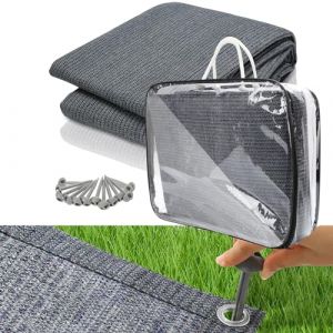 Fiqops Tapis pour auvent 300 x 300 cm, Tapis de Sol Camping Respirant, Lavable, Anti-moisissure, antidérapant, stabilisé aux UV, avec 12 Trous, 13 piquets et Sac de Transport (MACHN-YIK, neuf)