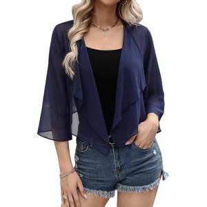 Aottori Cardigan Boléro Court Femme en Mousseline de Soie Gilet à Manches Évasées 3/4 Boléro Veste Elégant Chic pour Robe Bretelle Mariage Marine XL (HONG&HONG-EU, neuf)