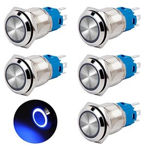 QIMEI-SHOP Bouton Poussoir Momentané 16mm Interrupteur Poussoir 12V/24V DC 3A Étanche Interrupteur à Bouton-poussoir en Laiton Chromé avec Lumière LED Anneau Bleu 5 Pièces (QIMEI-SHOP, neuf)