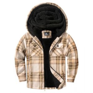 zitysport Veste Chemise Garçon Épaisseur Hoodie Veste à Carreaux Enfants avec Fermeture Flanelle Chaude Garçons Sweat Capuche Extérieure Vestes d'hiver Doublées Pour Garçon Poche(Kaki S) (Haixihui, neuf)