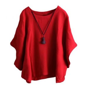 ORANDESIGNE Chemise Lin Femme Chemisier Coton Et Lin Col Rond Manches Chauve-Souris Tops Unie Lâche Respirant T-Shirts Demi-Manches Casual Lin Tunique Blouse Pas d'accessoires A Rouge 3XL (ORANNER EU, neuf)