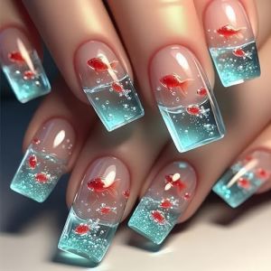 Faux ongles carrés à presser avec motifs de poisson, faux ongles brillants sur faux ongles artificiels pour femmes et filles à presser cercueil amande French Tip Nail (DRAJJNPC, neuf)