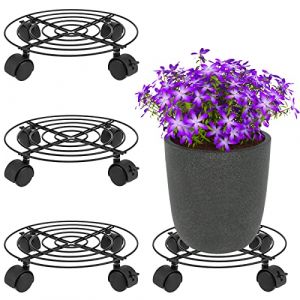 MUKLEI Lot de 4 support a roulette plante, support pot de fleur roulette ronds en métal de 27 cm de diamètre avec roues verrouillables pour intérieur et extérieur, noir (NAMYEUT-DE, neuf)