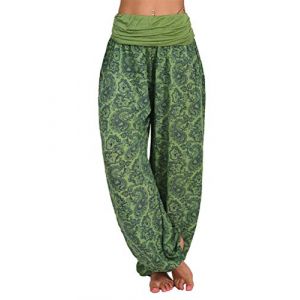 Minetom Femme Harem Pantalon Yoga Sarouel Legers Hippie Baggy Léger Ethnique Calqué Smockée Taille Haute avec Poches Été Plage Vert XS (B.W.S KIT, neuf)