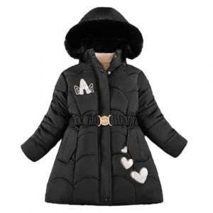 linboo Enfant Fille Manteau d'Hiver mi Long Doudoune Chaud Veste à Capuche Fourrure Matelassé Blouson Imprimée Parka Vêtement d'Extérieur Coupe Vent, Noir, 5-6 ans(Taille de l'étiquette: 120) (TBONBON-EU, neuf)