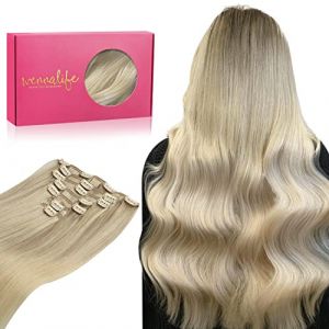 WENNALIFE Extension a Clip Cheveux Naturel Blonde, 50cm 120g 7pcs Extension Cheveux Naturel Clip Cheveux Humains, Blond Cendr&eacute; &agrave; Blond Dor&eacute; et Blond Platine Extention de Cheveux Humains Vrai Cheveux (wennalife-FR, neuf)