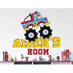 AdesiivoStudio Autocollant mural personnalisé Monster Truck – Monster Jam – Vert, jaune – Vinyle – Décoration murale pour garçons – Autocollant de nom personnalisé (AdesiivoStudio., neuf)