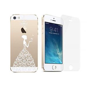 NOVAGO Compatible avec iPhone 5, iPhone 5S, iPhone SE 2016 Pack 2 en 1- Coque Transparente imprim&eacute;e + 1 Film en Verre tremp&eacute; r&eacute;sistant - Robe Blanche (NOVAGO-Vendeur PRO fran&ccedil;ais, neuf)
