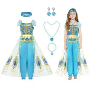 AOOWU Deguisement de Princesse Jasmine pour Enfants Filles, Costume de Princesse Jasmine avec Accessoires de Perruque, Filles Princesse Costume Habillage, No&euml;l Halloween Anniversaire F&ecirc;te Cosplay (Aixhe, neuf)